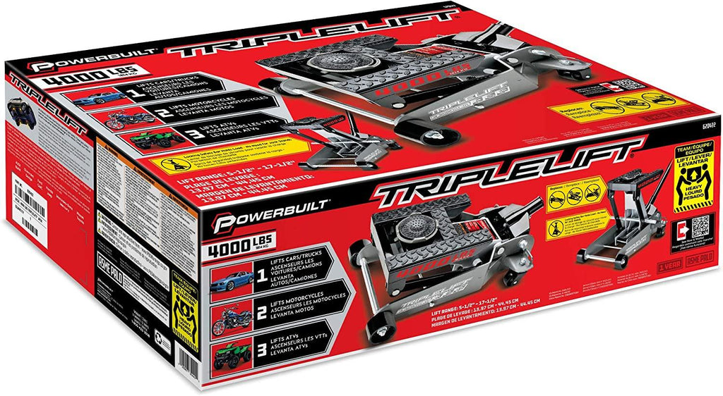 Power 2 Ton Triple Lift Floor Jack, Lifts Cars, Trucks, Motorcycles, ATV's, Transmissions, Tie-Down Loops, LocSafety Bar - 620422E