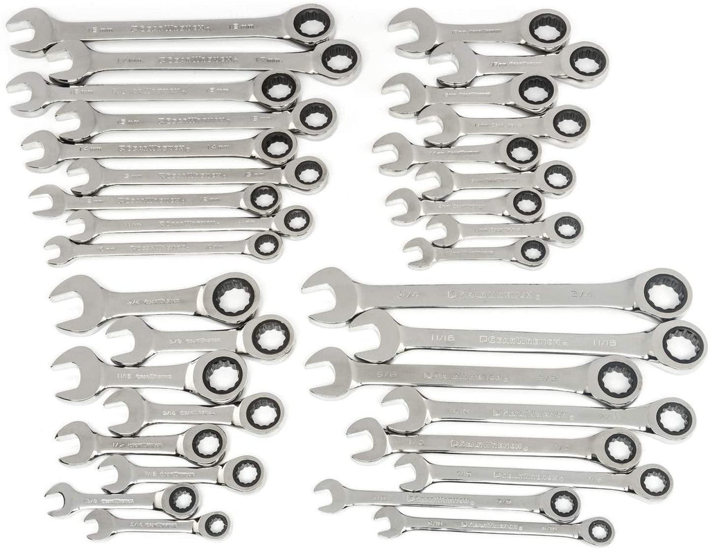 GEARWRENCH 34 Pc. 12 Pt. Ratcheting Combination Wrench Set, Standard &amp; Stubby, SAE/Metric - 85034 &amp; 13 Pc. 12 Pt. Ratcheting Combination Wrench Set, SAE - 9312