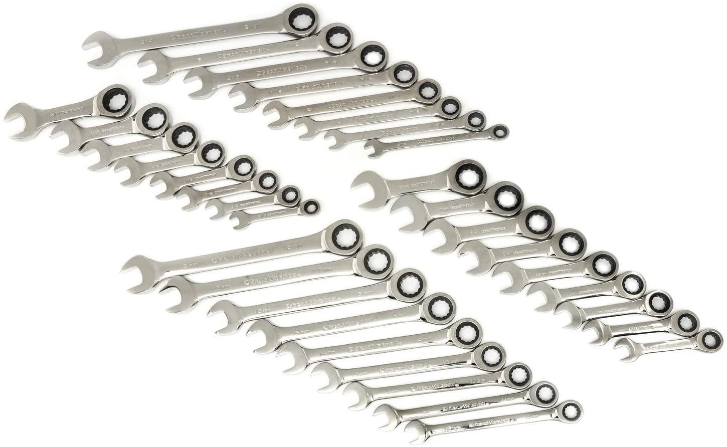 GEARWRENCH 34 Pc. 12 Pt. Ratcheting Combination Wrench Set, Standard &amp; Stubby, SAE/Metric - 85034 &amp; 13 Pc. 12 Pt. Ratcheting Combination Wrench Set, SAE - 9312