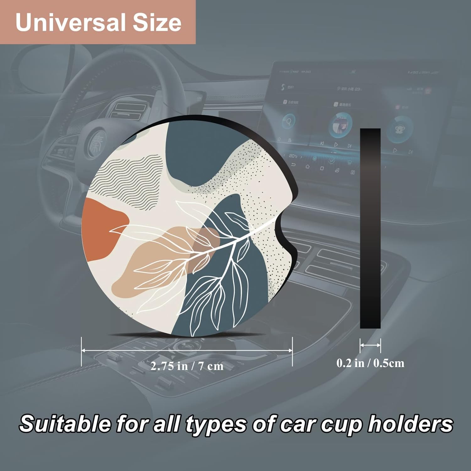 Oppsviust Car Cup Holder Coaster, Car Coasters for Cup Holders, 2PCS Universal Anti Slip Car Assecories, 2.75in Cute Car Coaster with A Finger Notch, Rubber Car Cup Mat for Women Wen(Abstract Leaf 01)