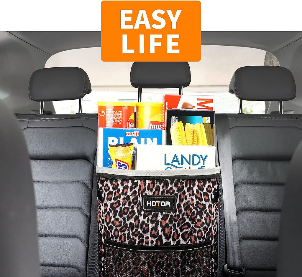 HOTOR Car Trash Can, Multifunctional &amp; Fashionable Car Accessory for Interior Use for Women, Waterproof Car Organizer and Storage Bag with Adjustable Straps, Magnetic Buckles (Leopard-Print Brown)