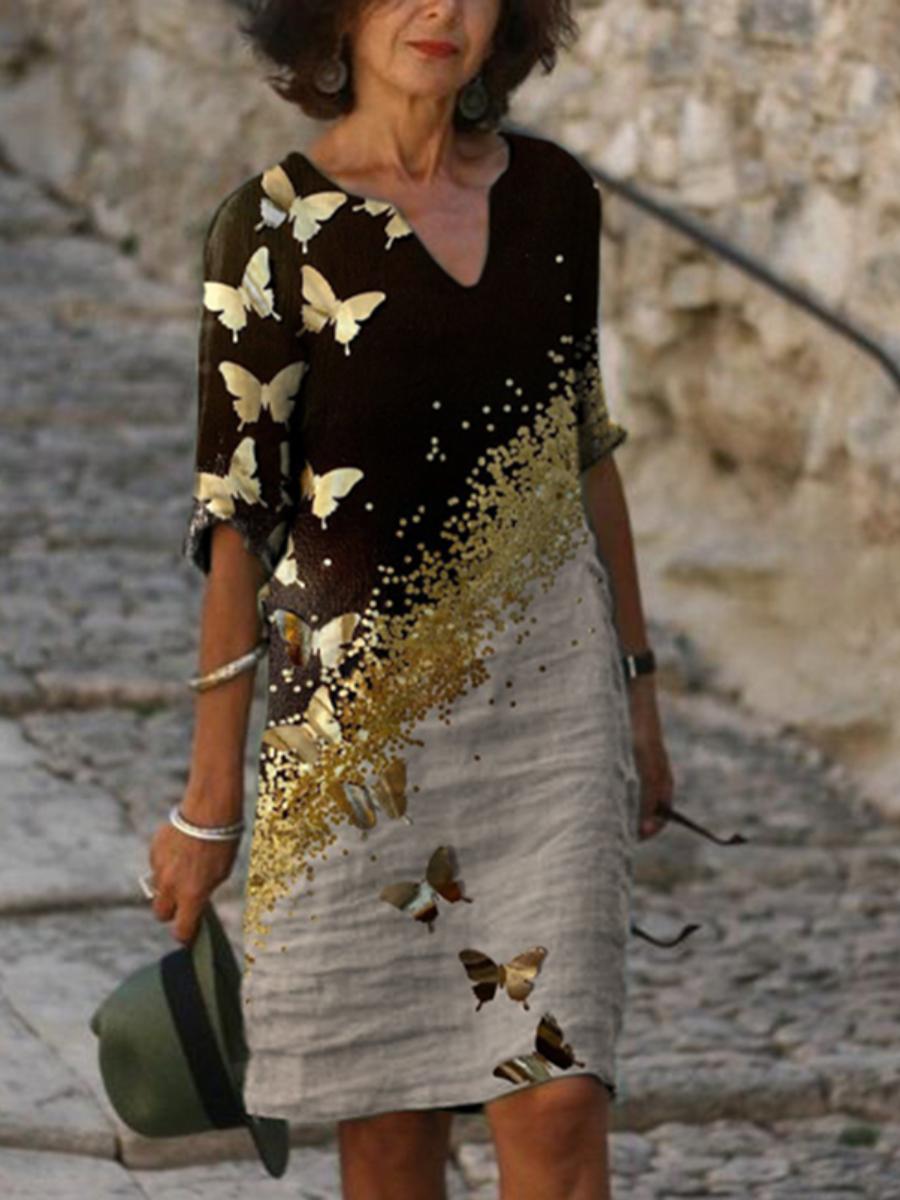 Fashion V-neck short-sleeved butterfly print dress
