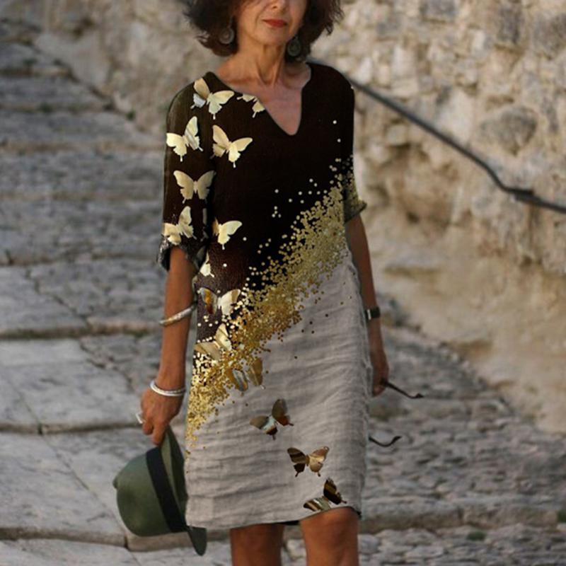 Fashion V-neck short-sleeved butterfly print dress