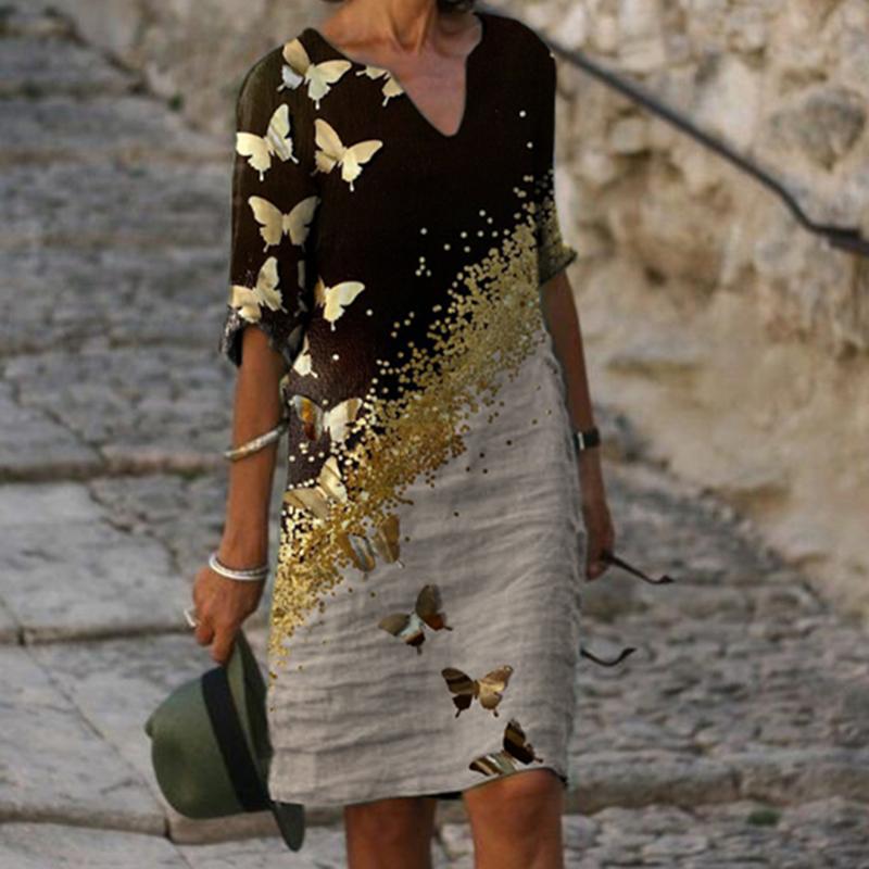 Fashion V-neck short-sleeved butterfly print dress