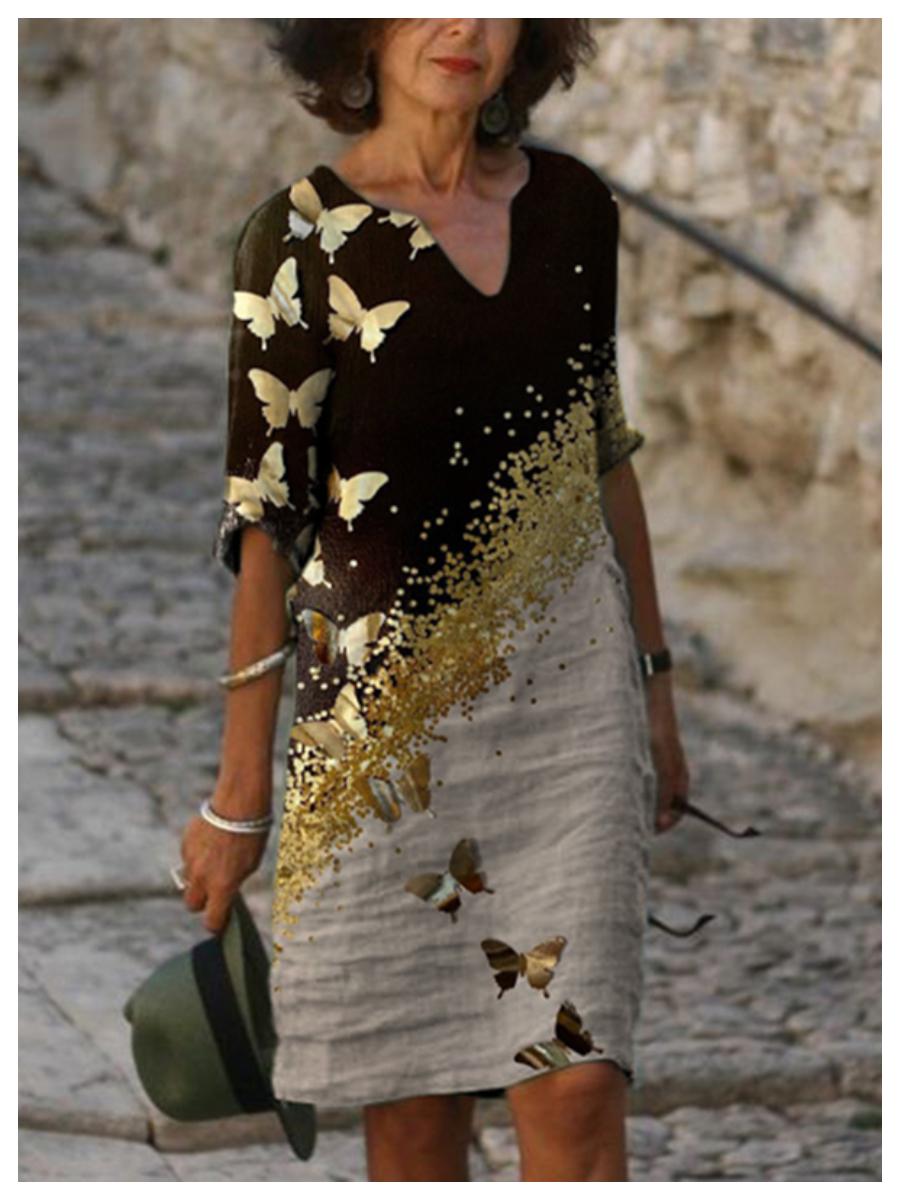 Fashion V-neck short-sleeved butterfly print dress