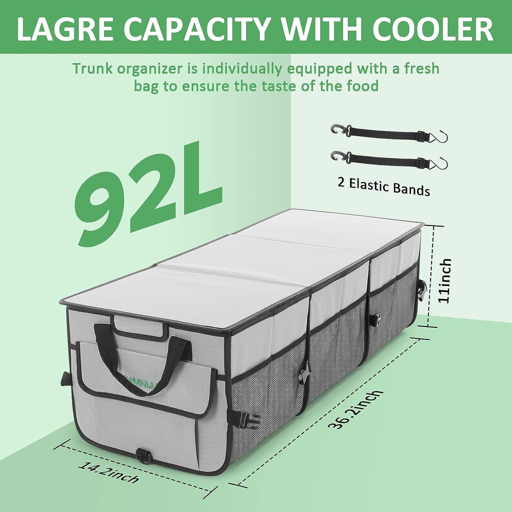 Simniam Car Trunk Organizer with Insulated Grocery Bag- 92L High Capacity Car Storage Box, with 4 Compartments, Reflective Strip, Cover, for Auto, SUV, Truck, Minivan