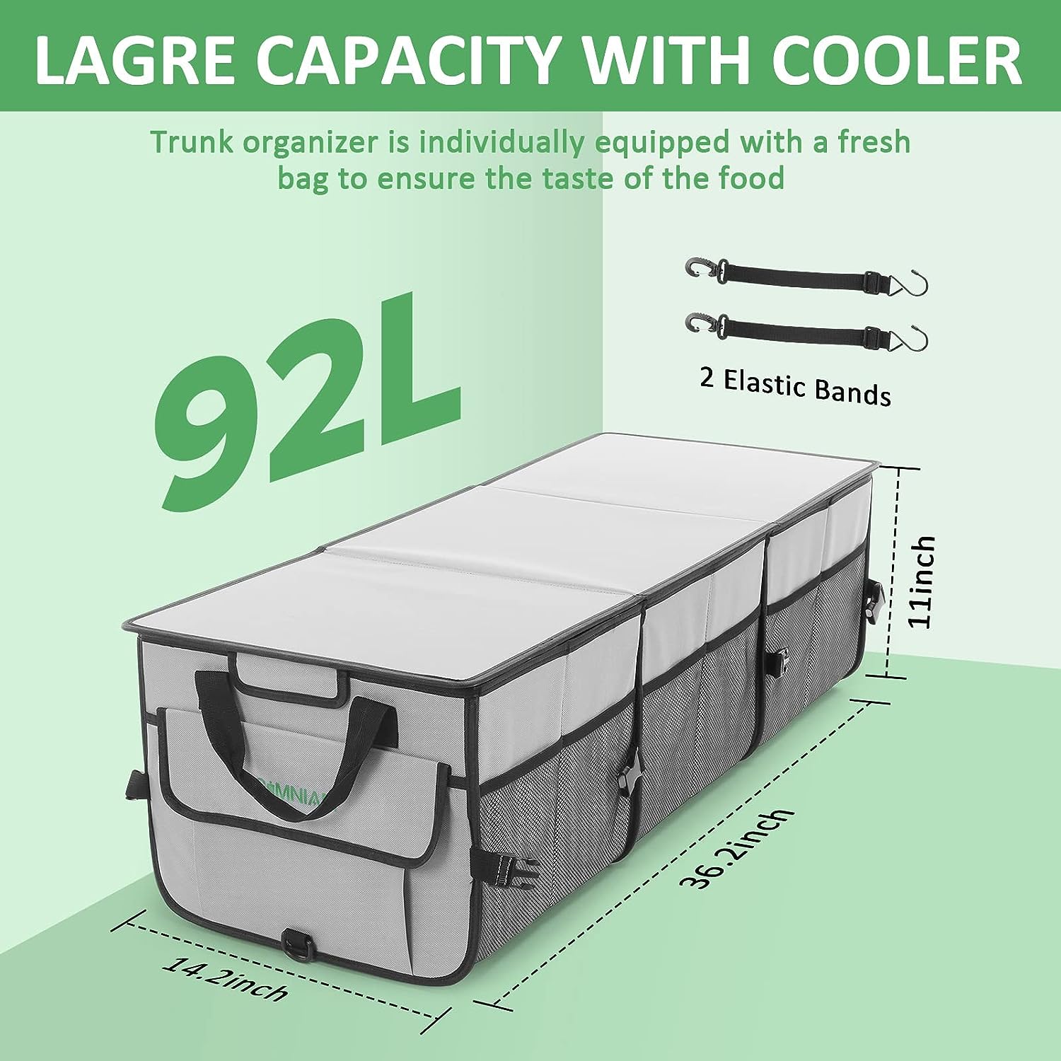 Simniam Car Trunk Organizer with Insulated Grocery Bag- 92L High Capacity Car Storage Box, with 4 Compartments, Reflective Strip, Cover, for Auto, SUV, Truck, Minivan