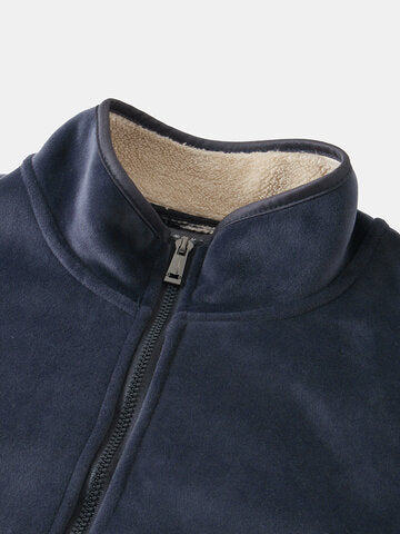 mens thicken fleece lined velour stand collar solid warm overcoats with pocket