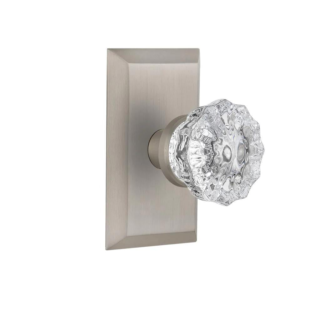 Studio Plate 2-3/4 in. Backset Satin Nickel Privacy Bed/Bath Crystal Glass Door Knob