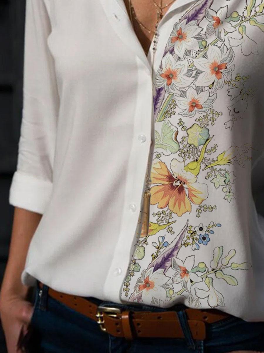 Floral Print Lapel Long Sleeve Casual Blouse