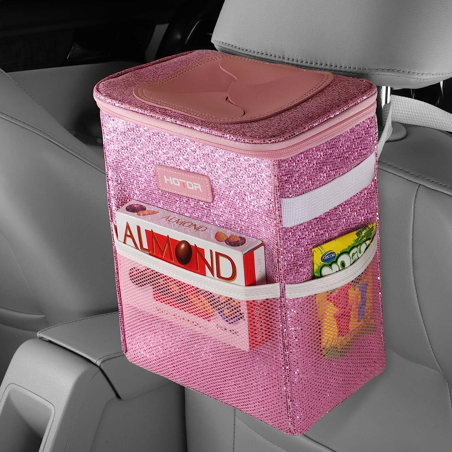 HOTOR Car Trash Can with Lid and Storage Pockets,100% Leak-Proof Car Organizer, Waterproof Car Garbage Can, Multipurpose Trash Bin for Car -Sparkle Pink