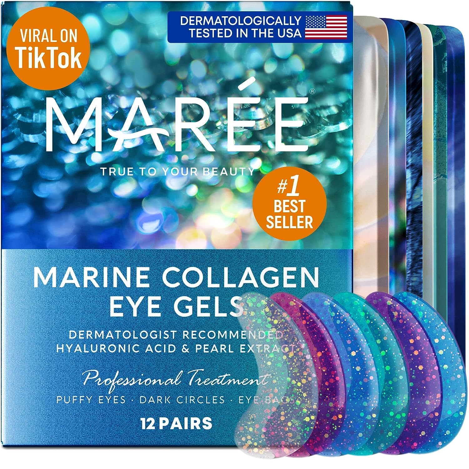 Maree Eye Gel Pads - Reduce Wrinkles, Puffy Eyes, Dark Circles, Eye Bags - Natural Marine Collagen Eye Gels with Hyaluronic HA - Anti Aging Eye Mask Patches &amp; Face Moisturizer