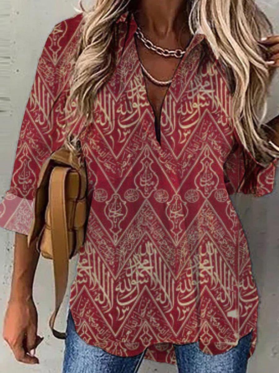Retro Geometric Print Single-breasted Long-sleeved Blouse