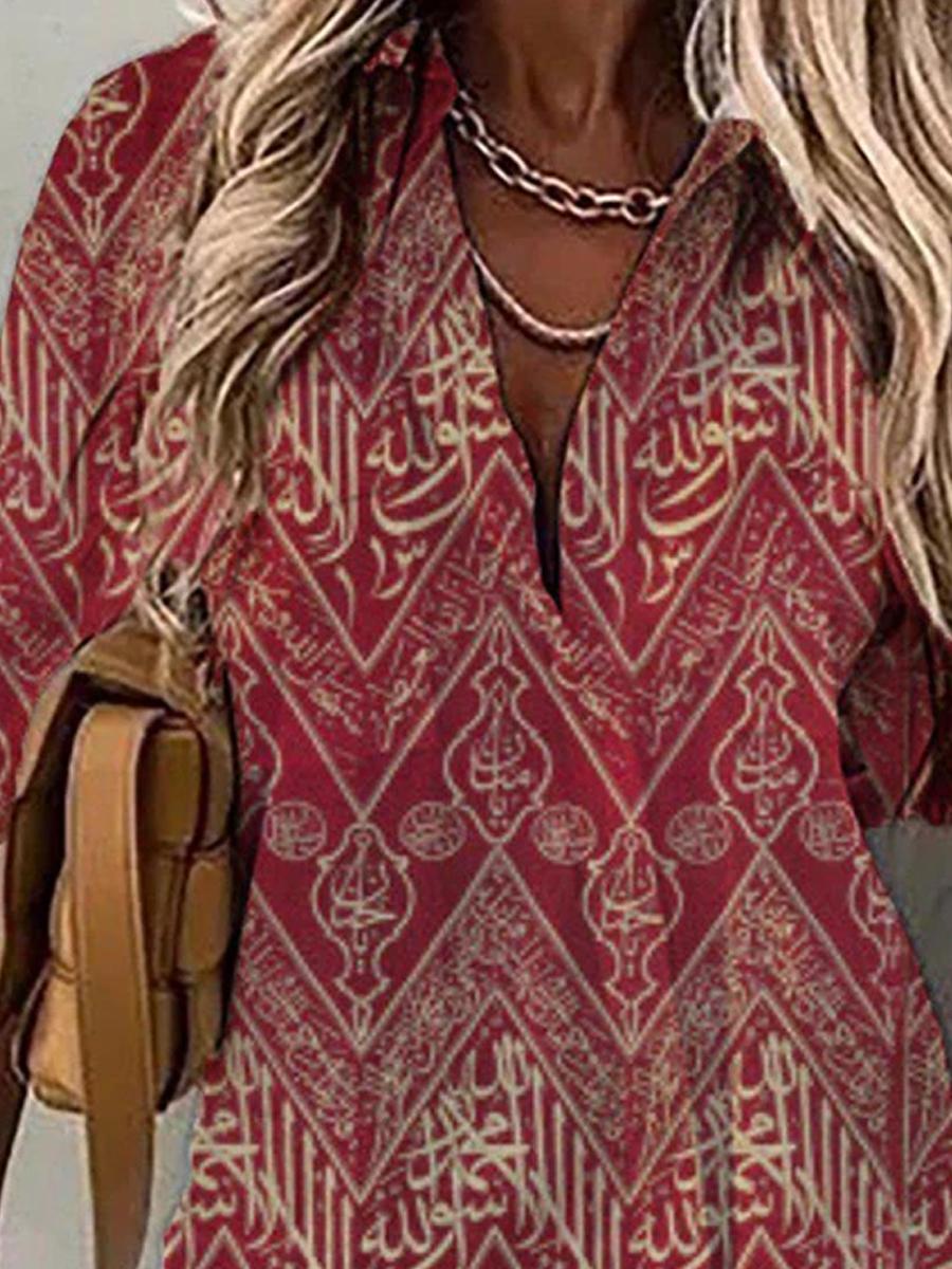 Retro Geometric Print Single-breasted Long-sleeved Blouse