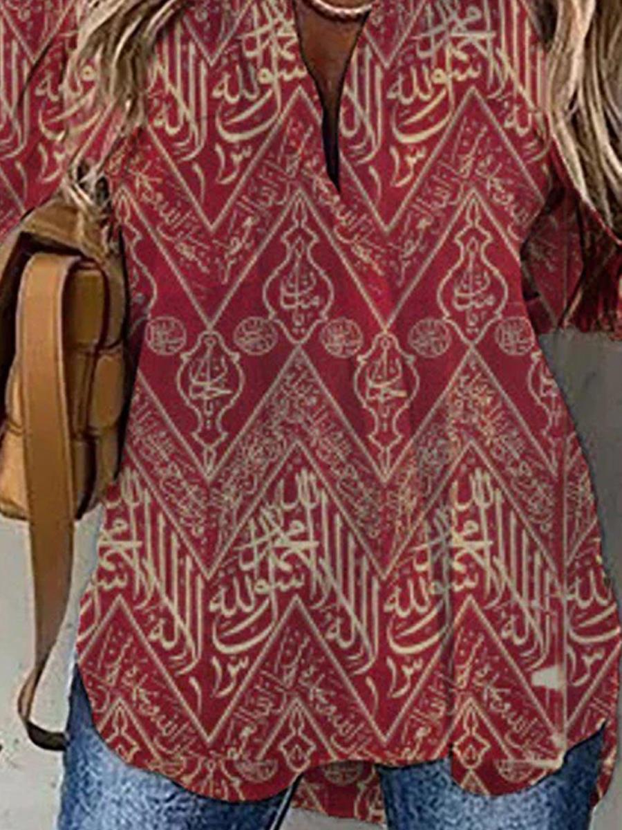 Retro Geometric Print Single-breasted Long-sleeved Blouse