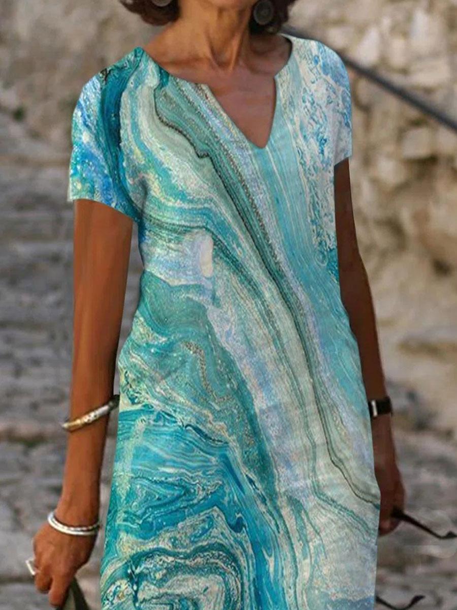 V-neck Line Art Print Short-sleeved Short Dress