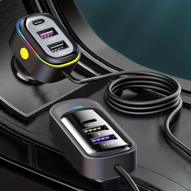 81W Fast Car CharThe Front And Rear Of The 6-port Expansion Car Are Charged Simultaneously 1 Type-C 2 USB 59.06inch Extension Cable Anti-slip Clamp
