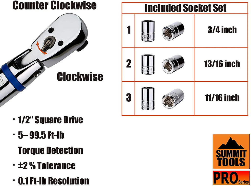 Summit Tools 1/2 inch UltraPrecision Flex-Head Digital Torque Wrench, 5 - 99.5 ft-lbs RanAccurate to ±2%, Buzzer and LED, LCD Display, Calibrated (WEF4-135BN)