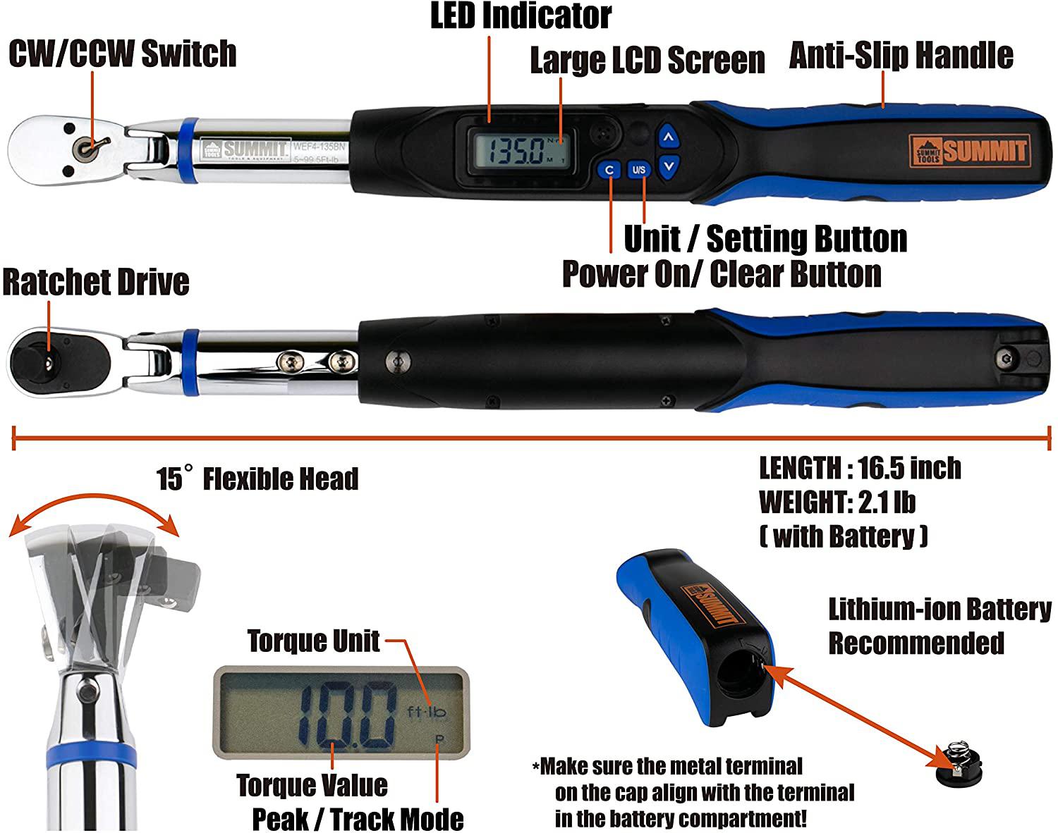 Summit Tools 1/2 inch UltraPrecision Flex-Head Digital Torque Wrench, 5 - 99.5 ft-lbs RanAccurate to ±2%, Buzzer and LED, LCD Display, Calibrated (WEF4-135BN)
