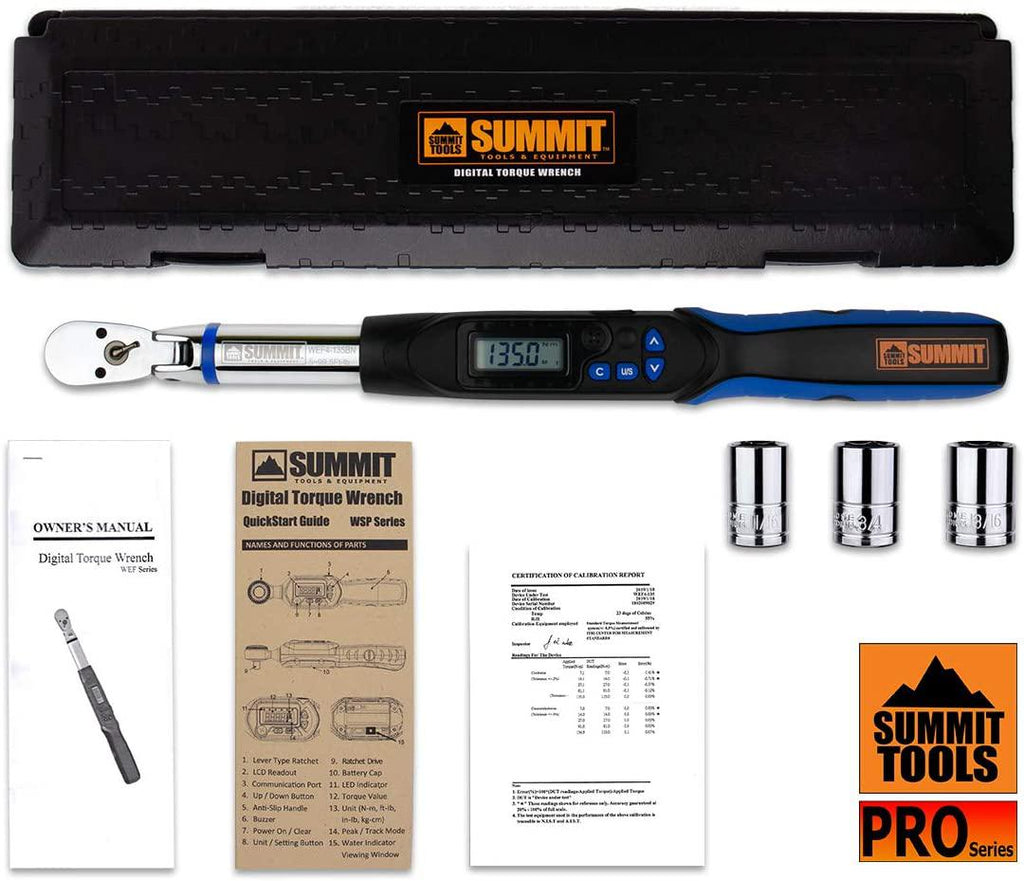 Summit Tools 1/2 inch UltraPrecision Flex-Head Digital Torque Wrench, 5 - 99.5 ft-lbs RanAccurate to ±2%, Buzzer and LED, LCD Display, Calibrated (WEF4-135BN)