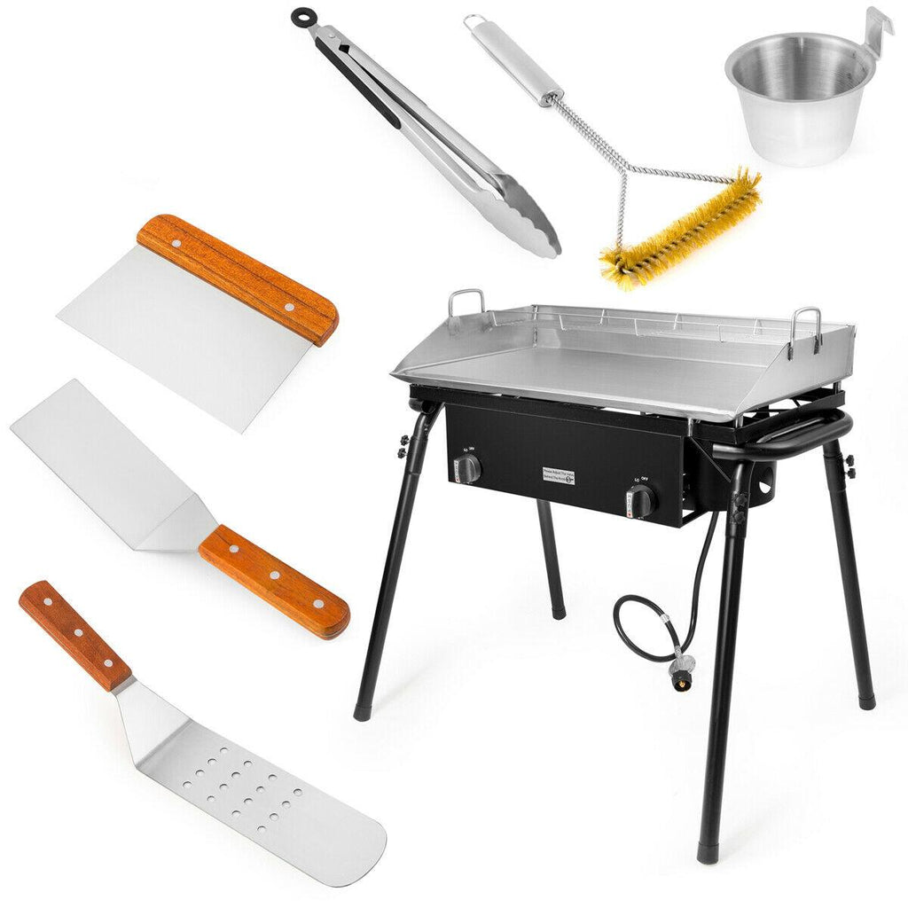 9PC LPG Gas Propane Double Stove Burner w/ Flat Griddle  Comal Plancha