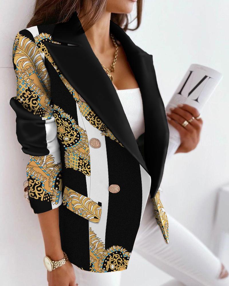 Scarf Print Lapel Collar Flap Detail Double Breasted Blazer
