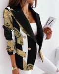 Scarf Print Lapel Collar Flap Detail Double Breasted Blazer
