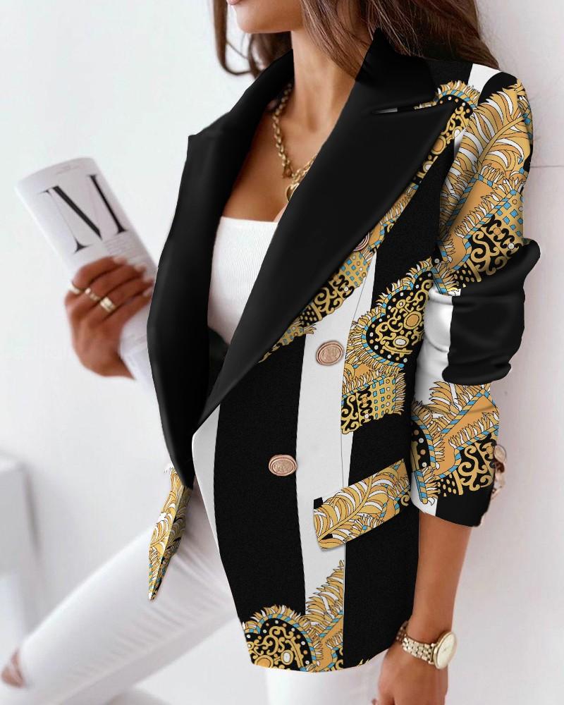 Scarf Print Lapel Collar Flap Detail Double Breasted Blazer