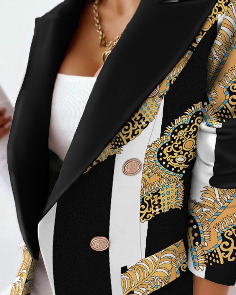 Scarf Print Lapel Collar Flap Detail Double Breasted Blazer