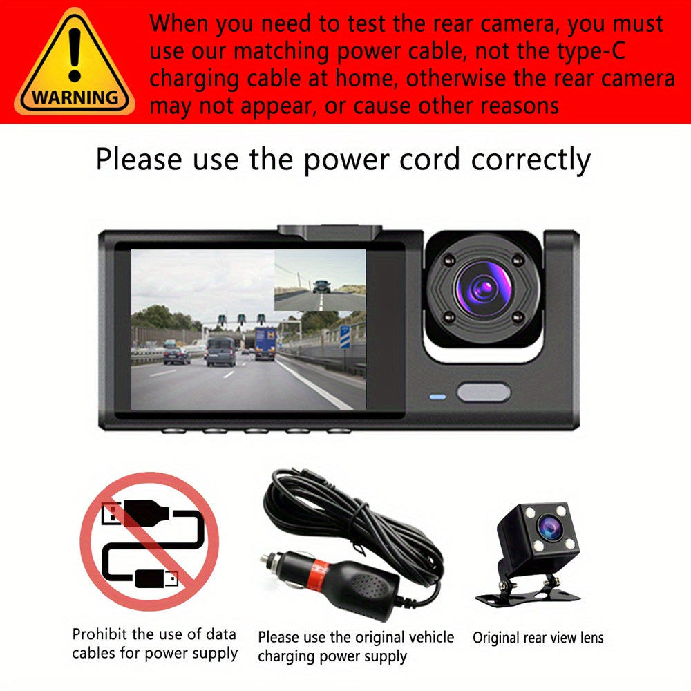 3 Channel Dash Cam Front And Rear Inside,1080P Dash Cam IR Night Vision, Loop Recording Car DVR Camera 3 Lens  With 2 Inch IPS Screen 3 Cameras Car Dashcam,car Black Box Recording At Same Time,Wide Angle Dashboard Camera Recorder