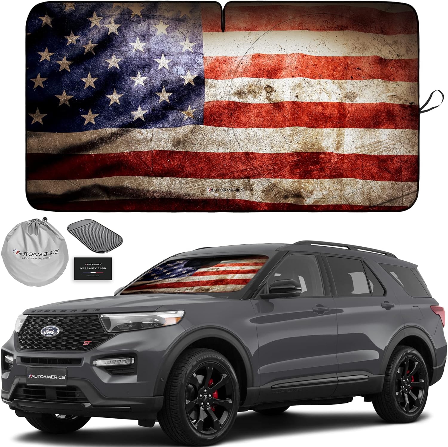 Autoamerics 1-Piece Windshield Sun Shade Grunge American Flag - 2 USA  - Foldable Car Front Window Sunshade for Most Sedans SUV Truck - Blocks Max UV Rays and Keeps Your Vehicle Cool - Medium