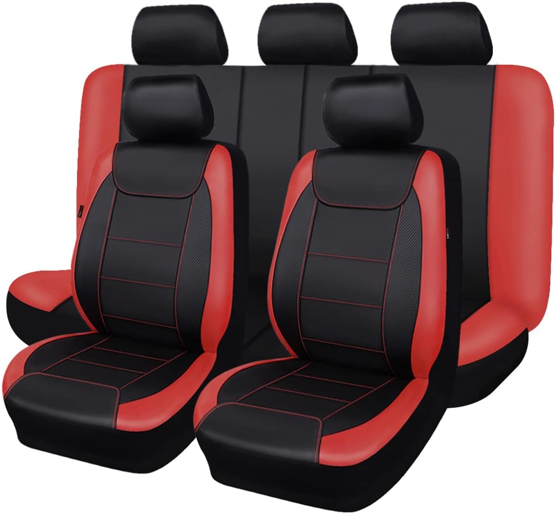 Flying Banner car seat Covers Protects Water Proof Faux Leather Carbon Fiber Front and Rear Bench (Red Black, Full Set - 9PCS)