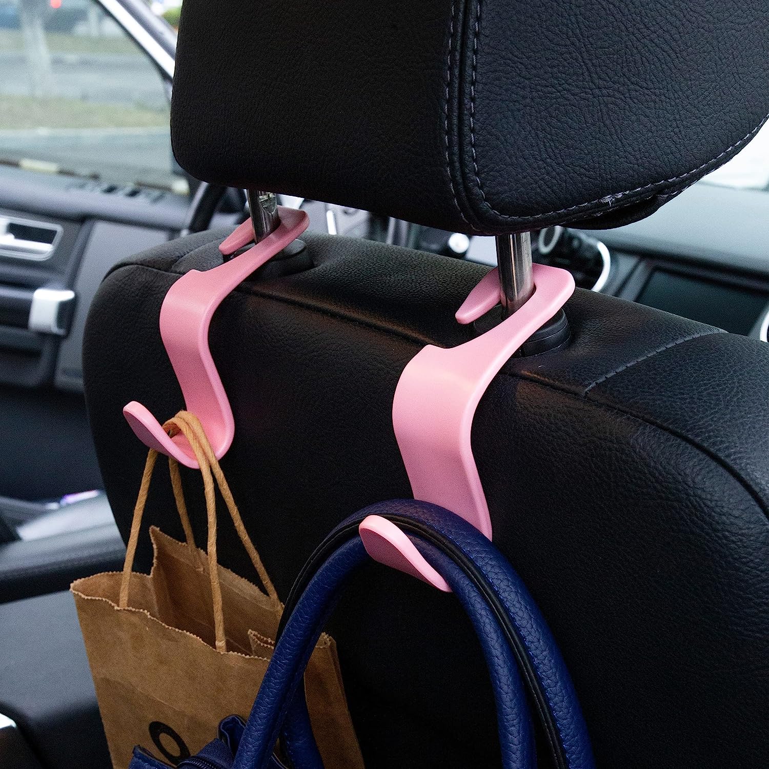 Amooca Universal Car Headrest Hooks, Car Organizer Hanger Storage Hooks for Bag Purse Cloth Grocery (Pink Set of 4)