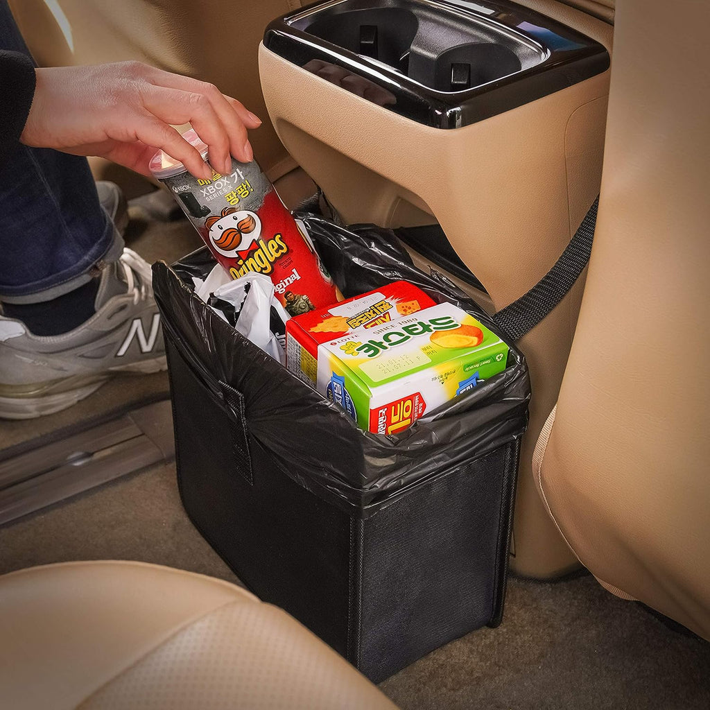 KMMOTORS Foldable Hanging Car Trash Can, Trash Bag, Trash bin, Vegan Leather and Oxford Clothes Car Organizer, Cute car Gadgets (Large, Black)
