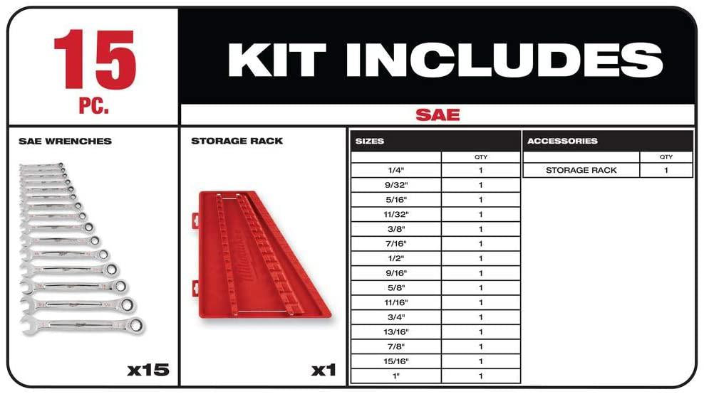 Milwaukee SAE Combination Ratcheting Wrench Mechanics Tool Set (15-Piece)