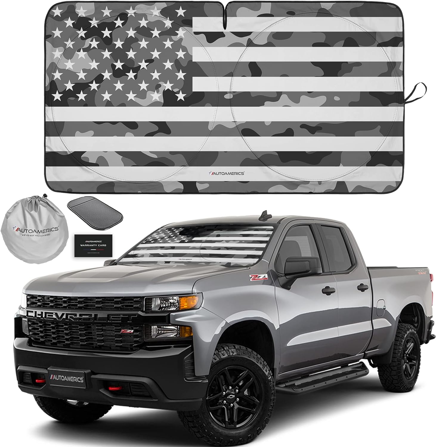 Autoamerics 1-Piece Windshield Sun Shade Gray Camo American Flag USA  - Foldable Car Front Window Sunshade for Most Sedans SUV Truck - Blocks Max UV Rays and Keeps Your Vehicle Cool - Large