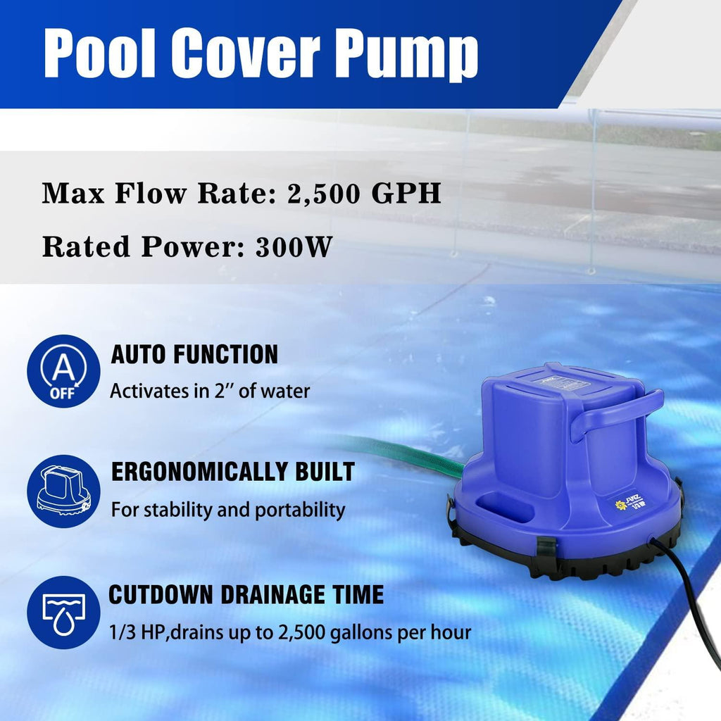 JANZ 2500 GPH Automatic Swimming Pool Cover Pump Above Ground,1/3 HP Submersible Pump with 25 FT DrainaHose Kit and Positioning Rope,Water Removal Pump for Pool Cover,Pool and More