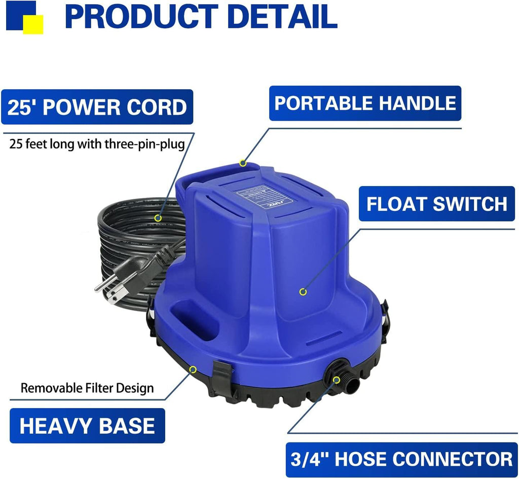 JANZ 2500 GPH Automatic Swimming Pool Cover Pump Above Ground,1/3 HP Submersible Pump with 25 FT DrainaHose Kit and Positioning Rope,Water Removal Pump for Pool Cover,Pool and More