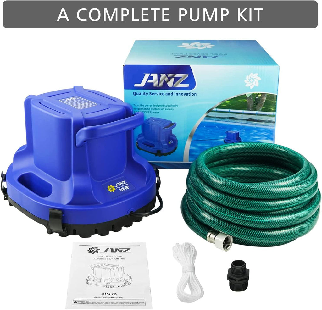 JANZ 2500 GPH Automatic Swimming Pool Cover Pump Above Ground,1/3 HP Submersible Pump with 25 FT DrainaHose Kit and Positioning Rope,Water Removal Pump for Pool Cover,Pool and More