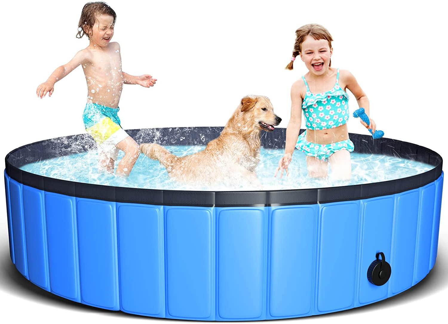 juoifip foldable dog pet pool 63"x12" xxl portable pet swimming pool kiddie pool for pets hard plastic pet bath tub indoor outdoor pool for pets large dogs cats and kids (bonus brush+chew toy)