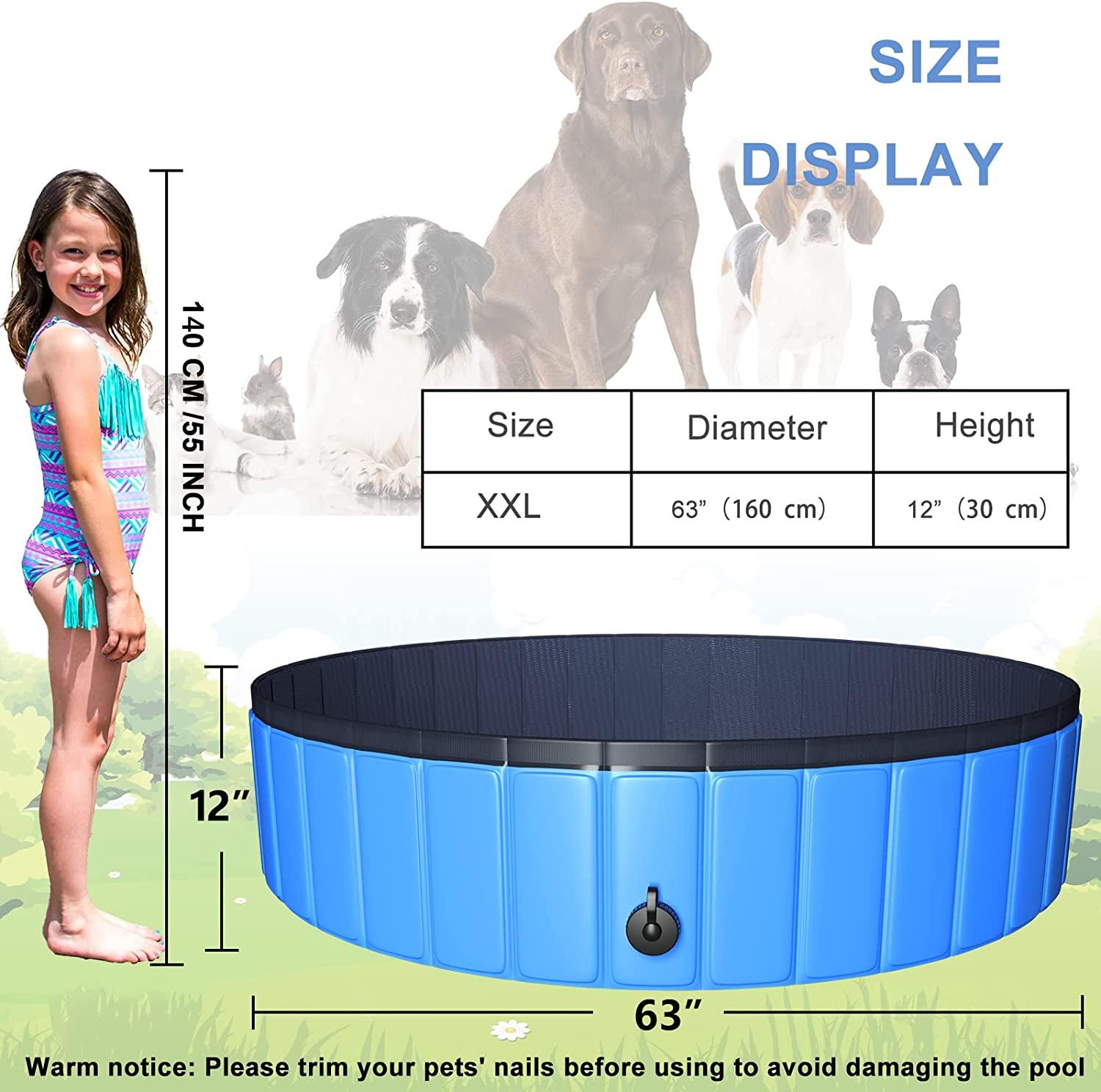juoifip foldable dog pet pool 63"x12" xxl portable pet swimming pool kiddie pool for pets hard plastic pet bath tub indoor outdoor pool for pets large dogs cats and kids (bonus brush+chew toy)