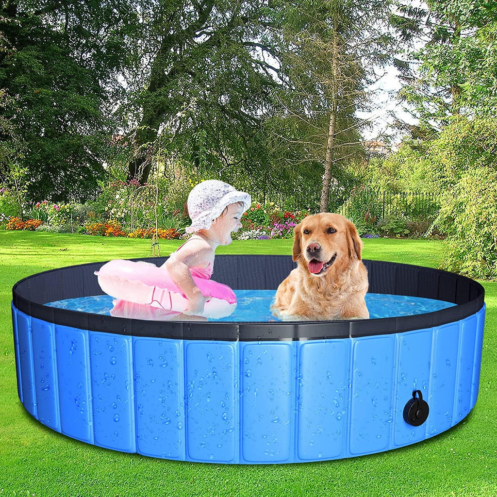 juoifip foldable dog pet pool 63"x12" xxl portable pet swimming pool kiddie pool for pets hard plastic pet bath tub indoor outdoor pool for pets large dogs cats and kids (bonus brush+chew toy)