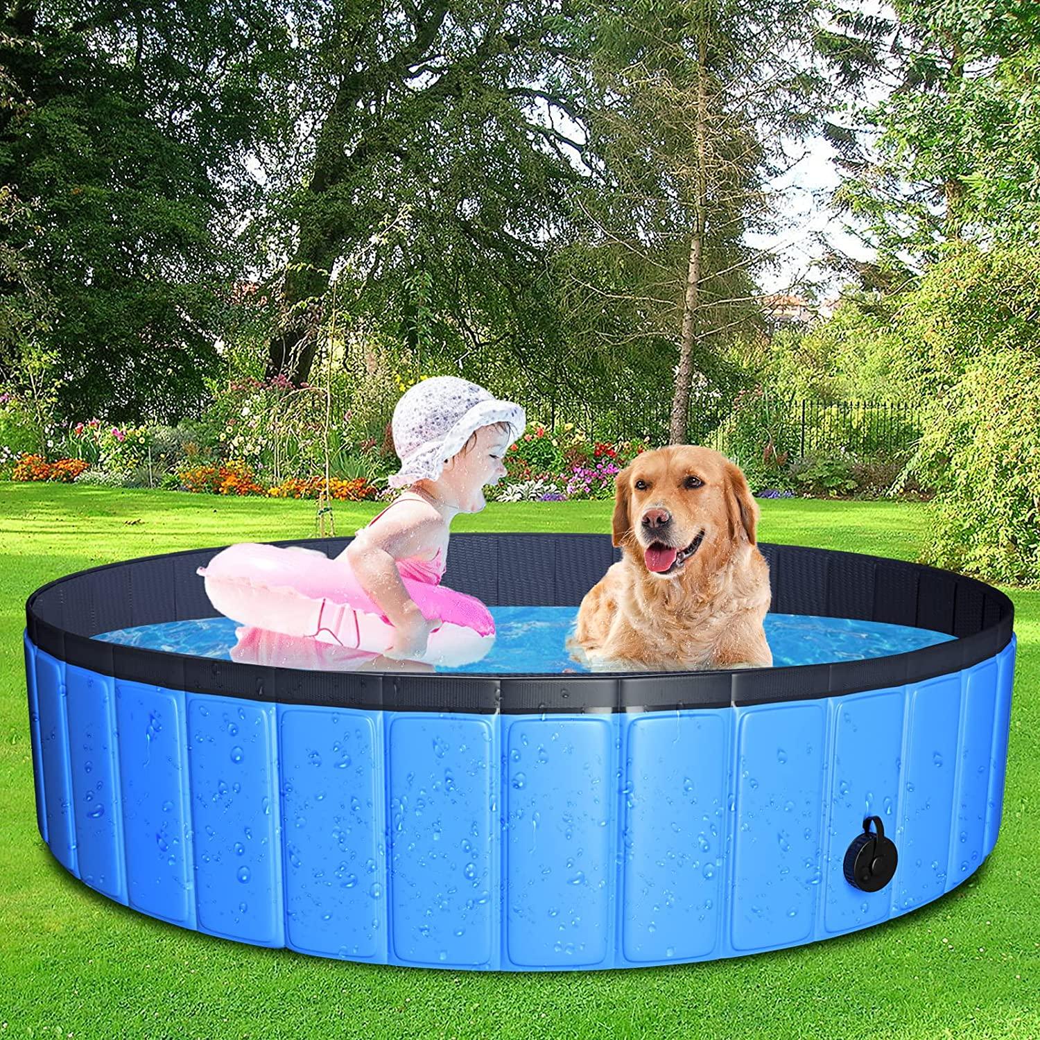 juoifip foldable dog pet pool 63"x12" xxl portable pet swimming pool kiddie pool for pets hard plastic pet bath tub indoor outdoor pool for pets large dogs cats and kids (bonus brush+chew toy)