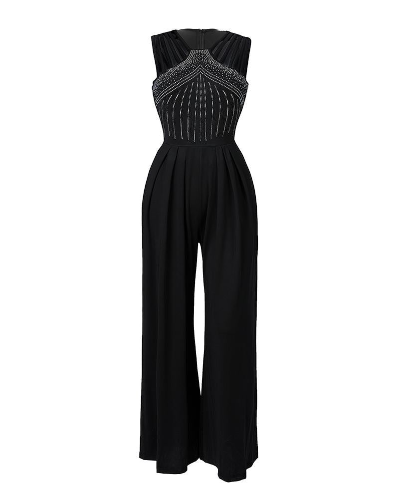 Rhinestone Cutout Ruched Wide Leg Jumpsuit