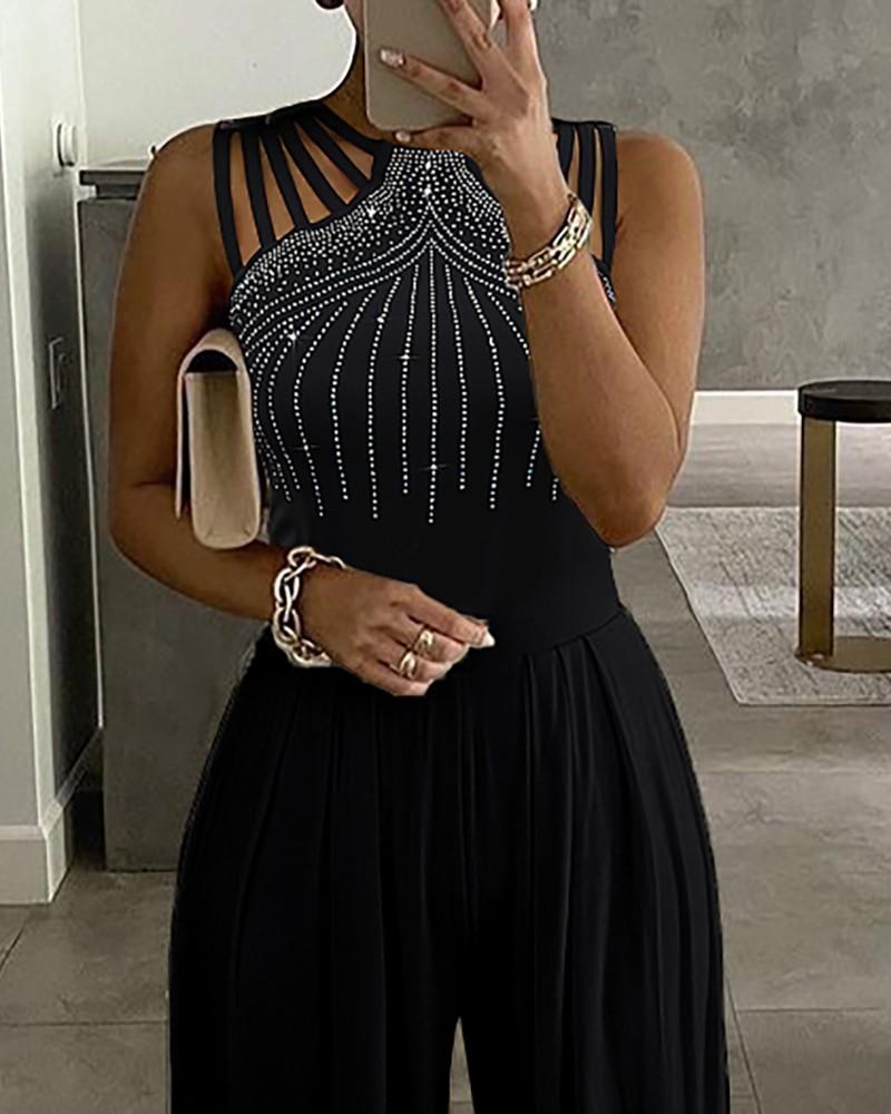 Rhinestone Cutout Ruched Wide Leg Jumpsuit