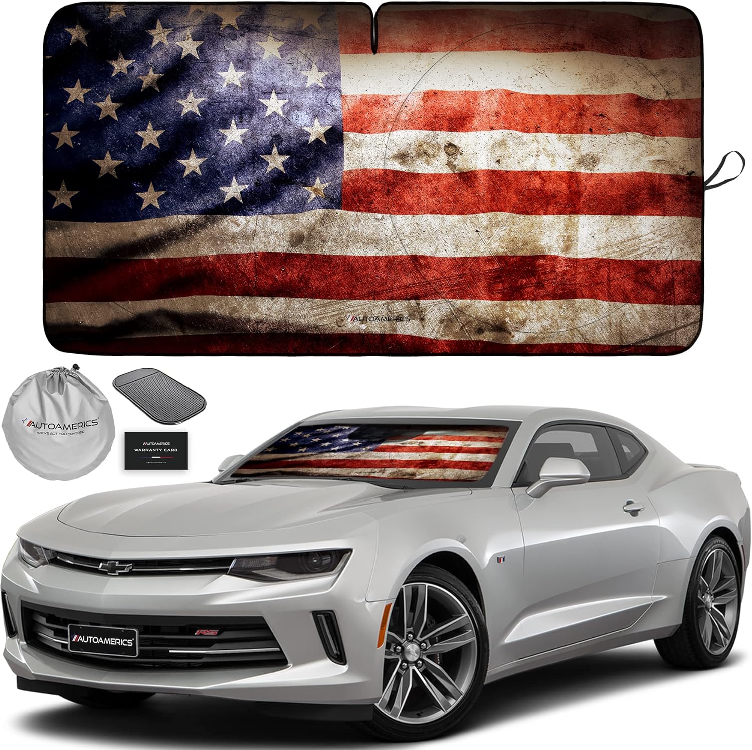 Autoamerics 1-Piece Windshield Sun Shade Grunge American Flag - 2 USA  - Foldable Car Front Window Sunshade for Most Sedans SUV Truck - Blocks Max UV Rays and Keeps Your Vehicle Cool - Small