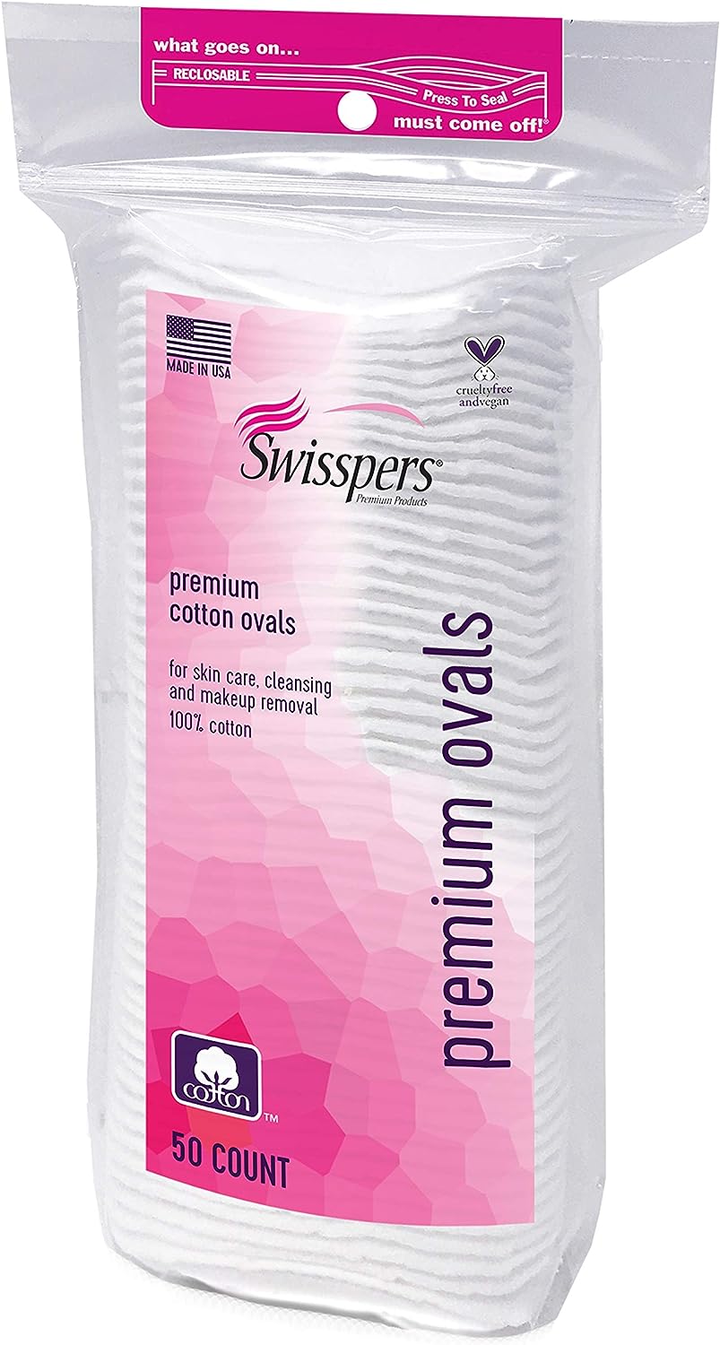 Swisspers Premium 100 Percent Cotton Ovals, Reclosable Bags, 50 Count Bags, 2 Pack (100 Count Total)