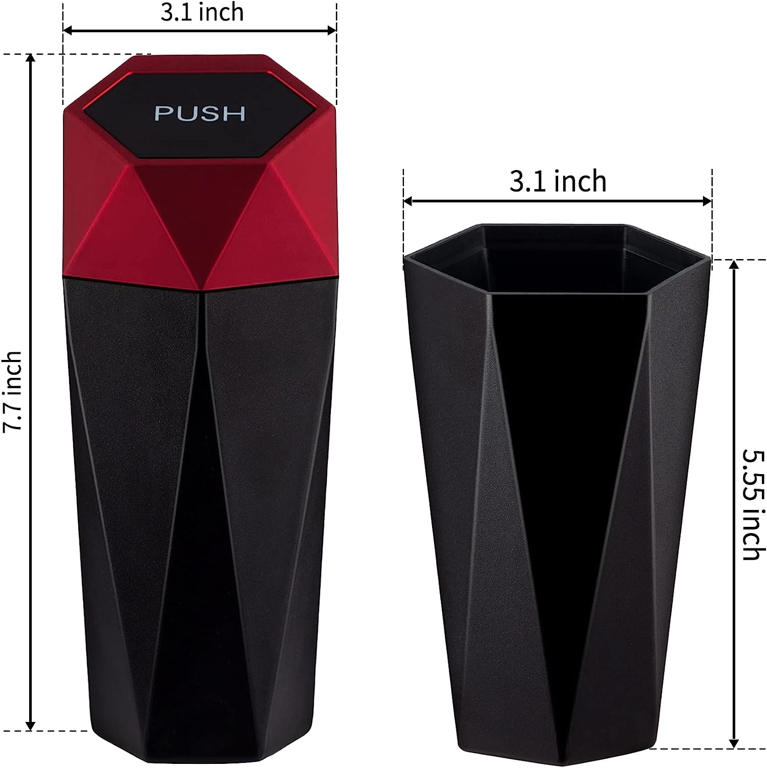 JUSTTOP Car Trash Can with Lid, Diamond  Small Automatic Portable Trash Can, Easy to Clean, Used in Car Home Office Interior Accessories, 2PCS (Red)