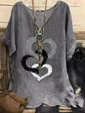 Womens V-neck Print Short-sleeved Cotton And Linen Blouse
