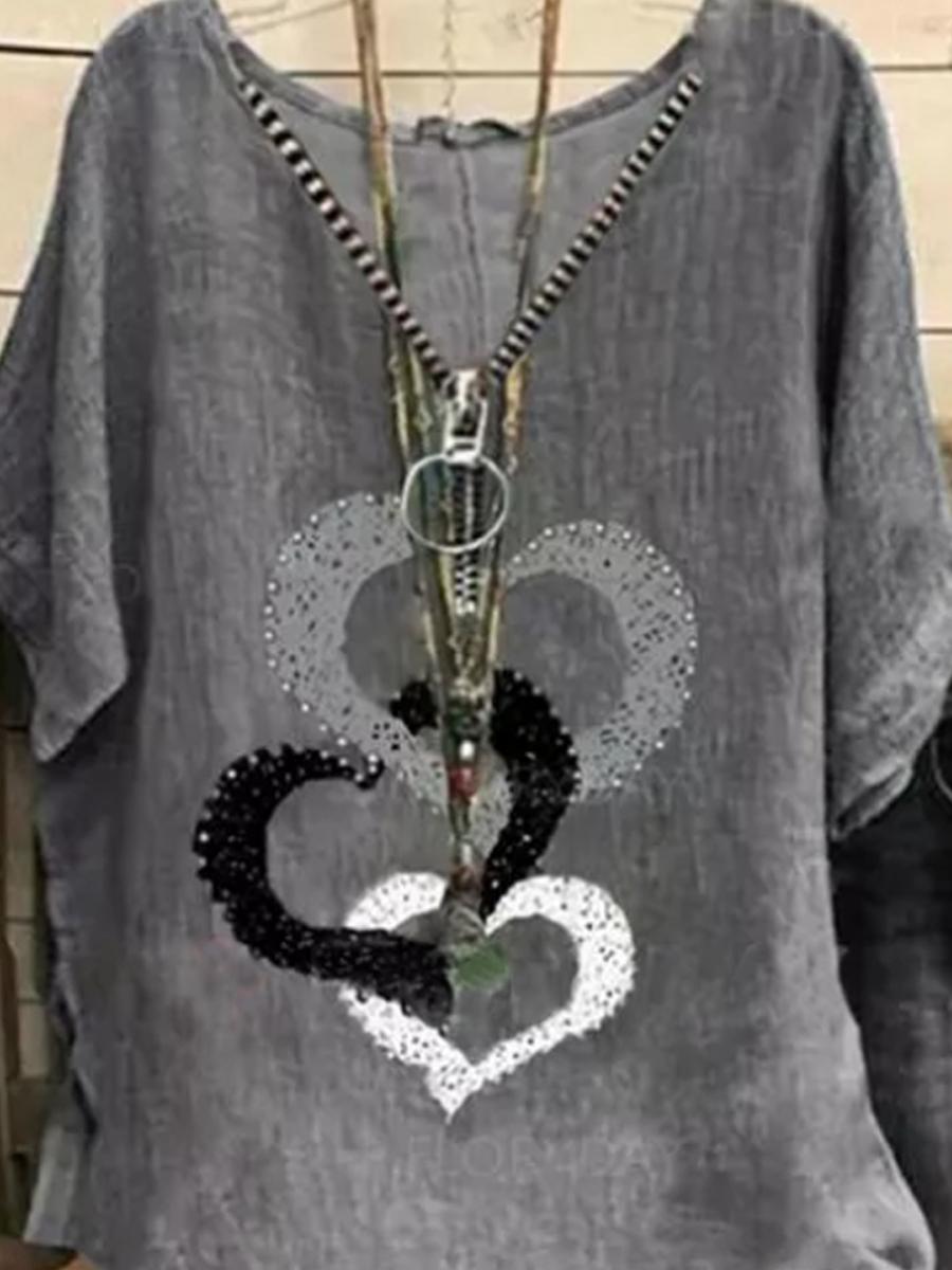 Womens V-neck Print Short-sleeved Cotton And Linen Blouse